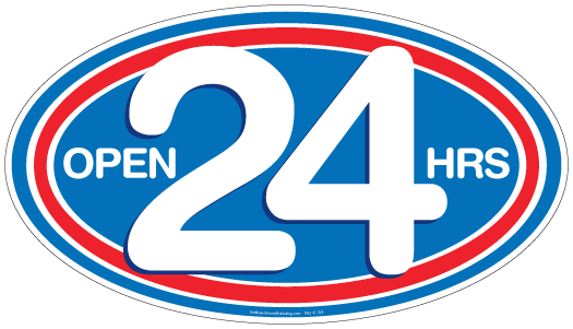 Open 24 Hours Window Cling (Oval) - Click Image to Close